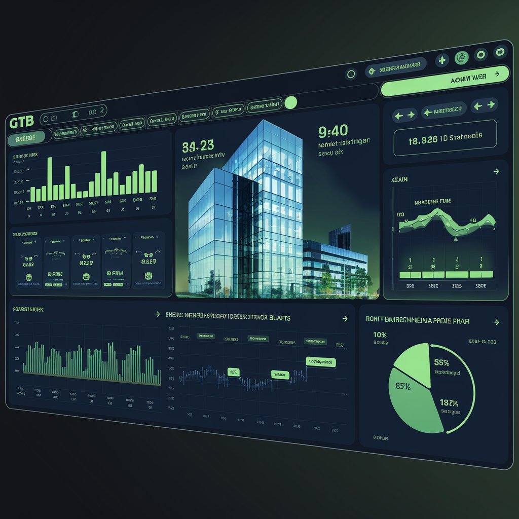 Tableau de bord futuriste GTB GTC affichant en temps réel les données de consommation énergétique d'un immeuble de bureaux moderne, avec des graphiques 