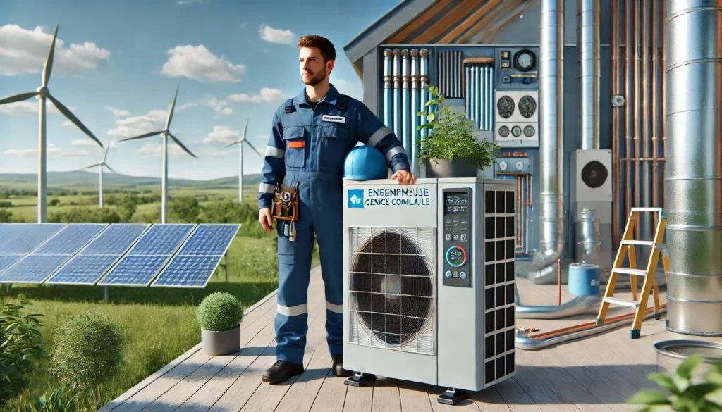 technicien d'une entreprise de génie climatique portant une combinaison de travail bleue travaillant à l'installation d'un système de technologie verte