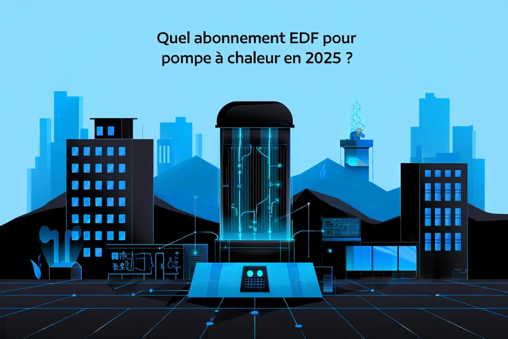 illustration moderne en nuances de noir et de bleu, représentant un paysage urbain stylisé intégrant des infrastructures énergétiques et des bâtiments écologiques. Au centre, mettez en valeur une pompe à chaleur avec des graphismes numériques et des flux d'énergie symbolisés par des lignes lumineuses. 
