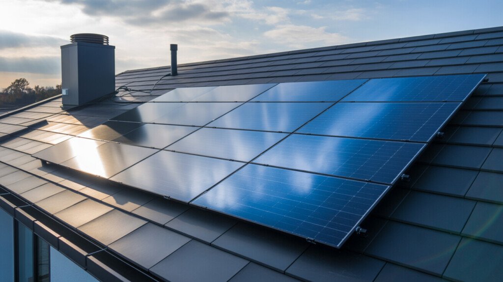 Panneaux solaires bleus installés sur toiture pour système chauffage hybride