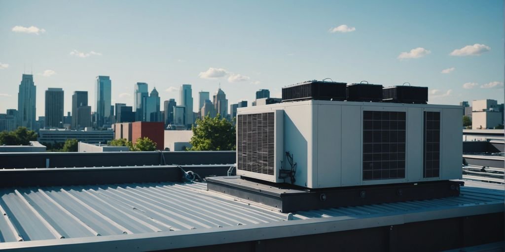 Modern commercial building with rooftop HVAC systems, highlighting advanced technology and energy efficiency in commercial HVAC solutions.