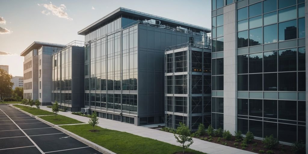 Modern office building with HVAC components overlay, emphasizing energy efficiency and sustainability in commercial buildings.