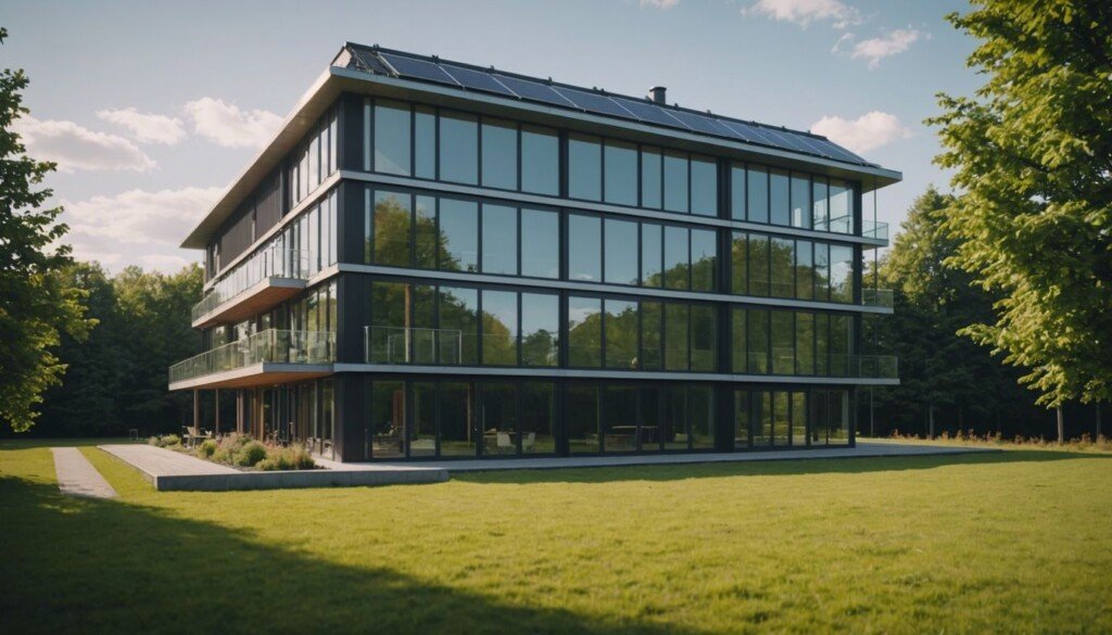 Modern building with geothermal systems, green spaces, and solar panels, representing sustainable construction.