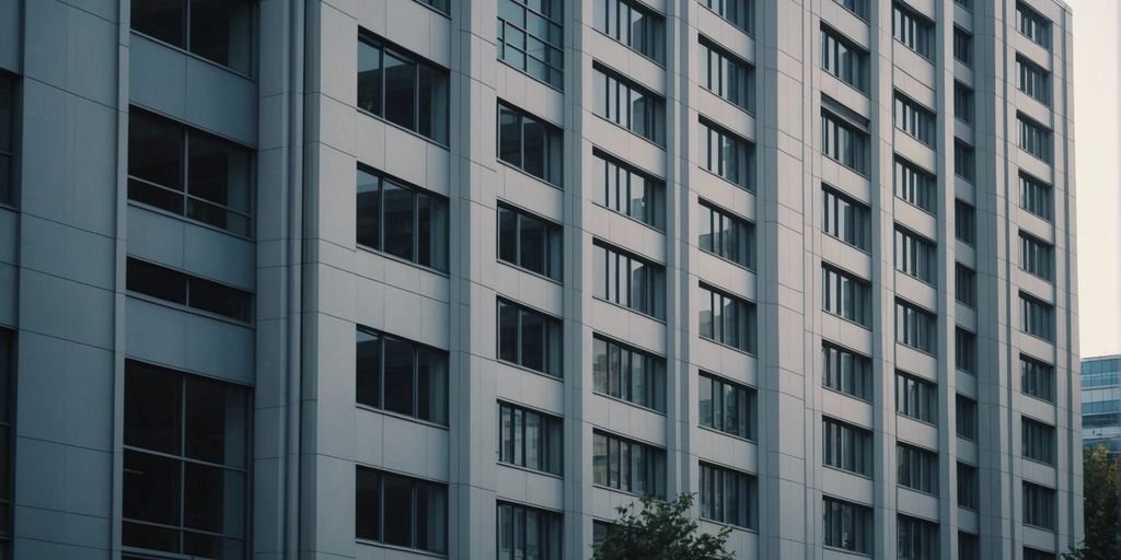 Immeuble de bureaux moderne avec des systèmes CVC visibles, représentant les défis du génie climatique dans le secteur tertiaire.