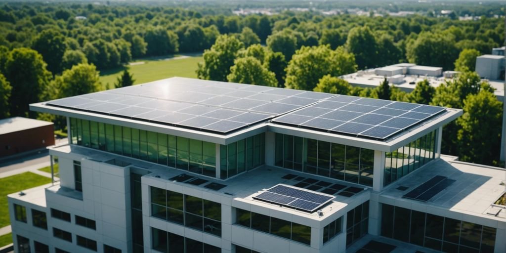 Modern office building with energy-efficient HVAC systems, solar panels, and green spaces, showcasing climate engineering innovation.