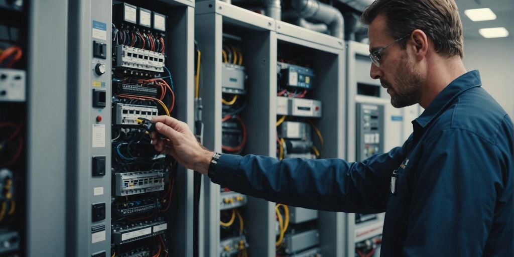 HVAC technician inspecting climate control system in commercial building, showcasing tools and equipment for comprehensive climate engineering services.