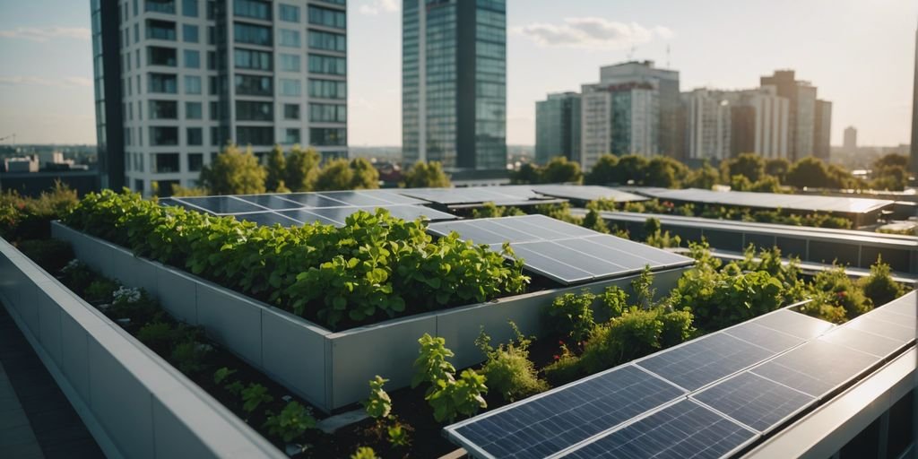 Bâtiment moderne avec des toits verts et des panneaux solaires, représentant la construction durable et le succès de l'ingénierie climatique avec les systèmes de CVC tertiaire.