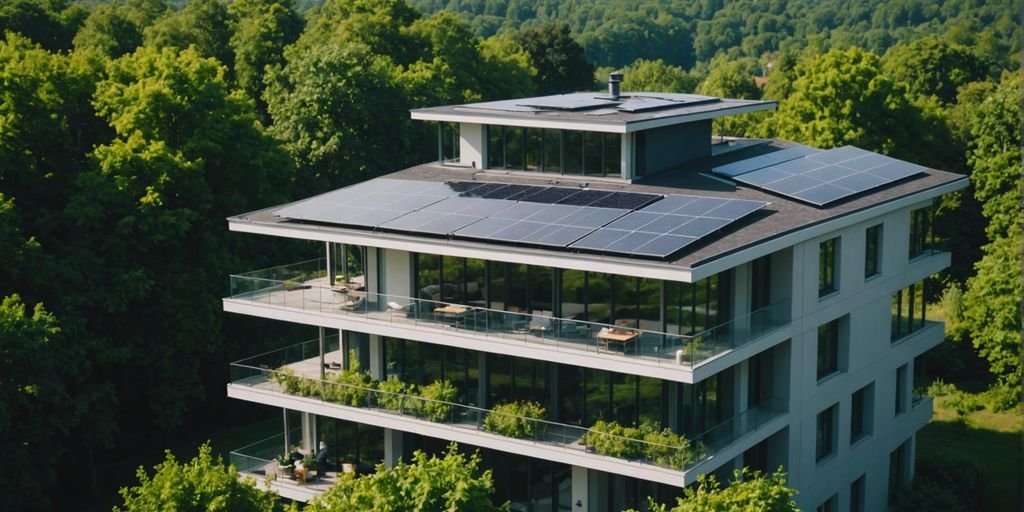 Bâtiment écologique avec panneaux solaires et verdure, symbolisant la construction durable et l'ingénierie climatique par une entreprise en génie climatique.