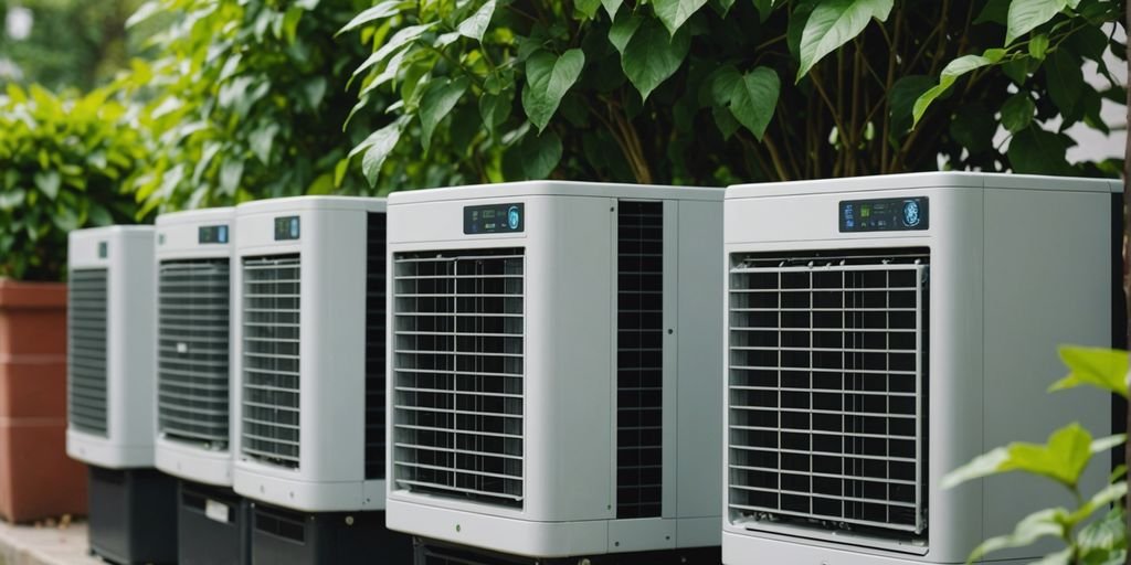 Eco-friendly air conditioning units with energy-saving labels and green leaves, highlighting cost and energy efficiency.