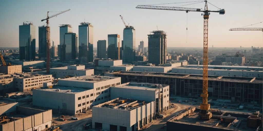 Cityscape with construction site emphasizing the economic impact of choosing the right HVAC engineering company.