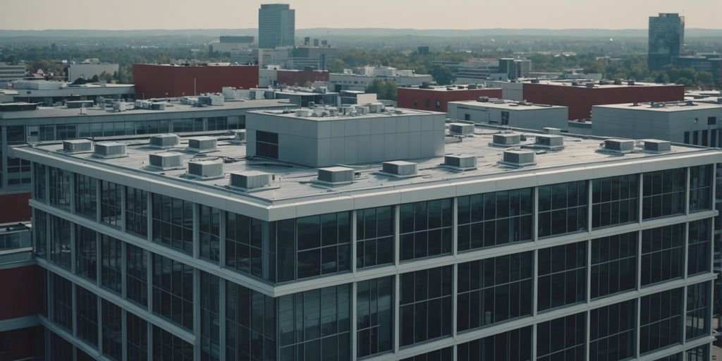 Modern office building with rooftop HVAC systems, representing commercial building ventilation and HVAC regulations.