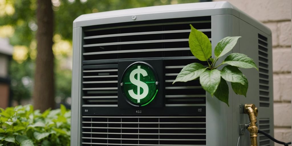 Eco-friendly air conditioning unit with dollar signs and green leaves, representing energy cost savings and environmental benefits.