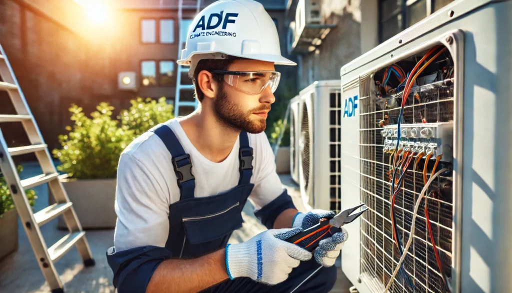 Un technicien d'une entreprise en génie climatique en plein travail sur une unité extérieure de climatisation