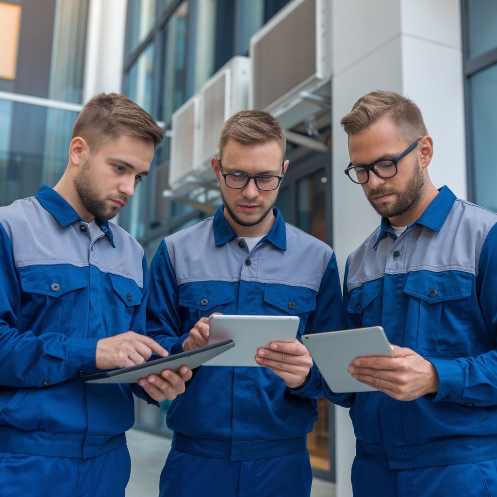 Une équipe d'entreprises de génie climatique installant un système de climatisation high-tech dans un immeuble de bureaux moderne. Les techniciens portent des uniformes professionnels