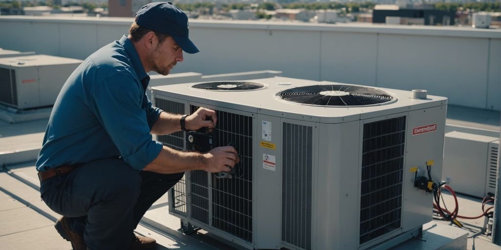 Technicien CVC effectuant la gestion de la maintenance génie climatique sur le toit d'un bâtiment commercial.