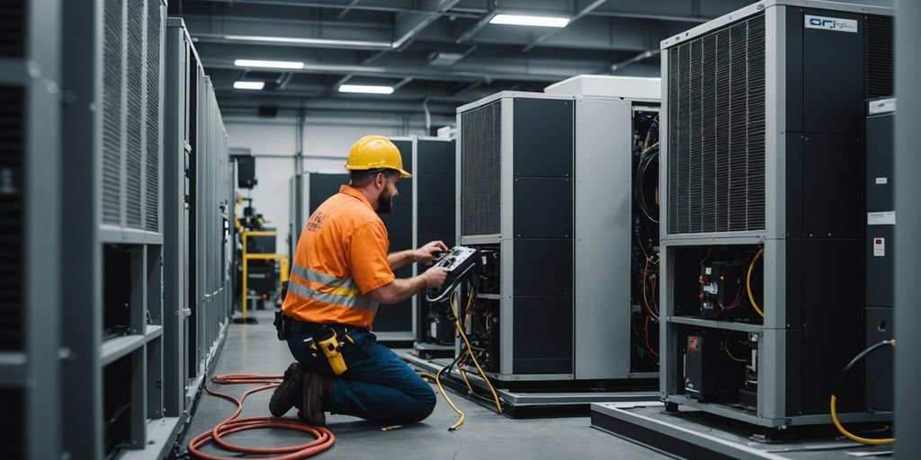 Des techniciens d' entreprises génie climatiqueinstallent un système moderne de CVC dans un bâtiment commercial, mettant en valeur des équipements de contrôle climatique avancés