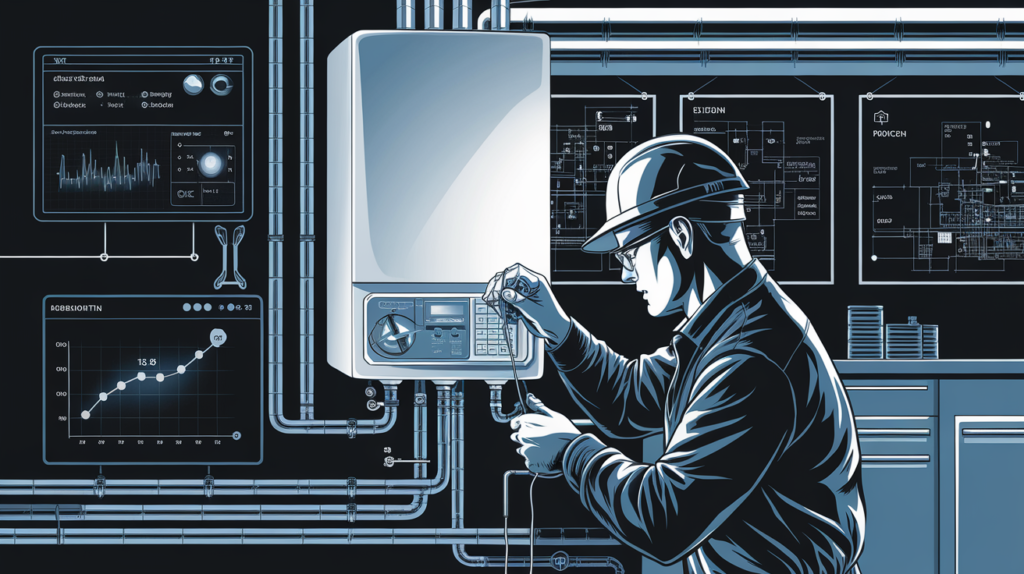 Une illustration détaillée d’un technicien CVC effectuant l’entretien d’une chaudière gaz dans un bâtiment professionnel moderne. L’image montre des outils spécialisés, un écran de diagnostic affichant les paramètres énergétiques et un graphique illustrant l’optimisation du rendement énergétique. L’ambiance est professionnelle, avec des tons noir et bleu, symbolisant la fiabilité et l’efficacité du processus. En arrière-plan, des plans techniques accrochés au mur indiquent une approche experte de la maintenance.