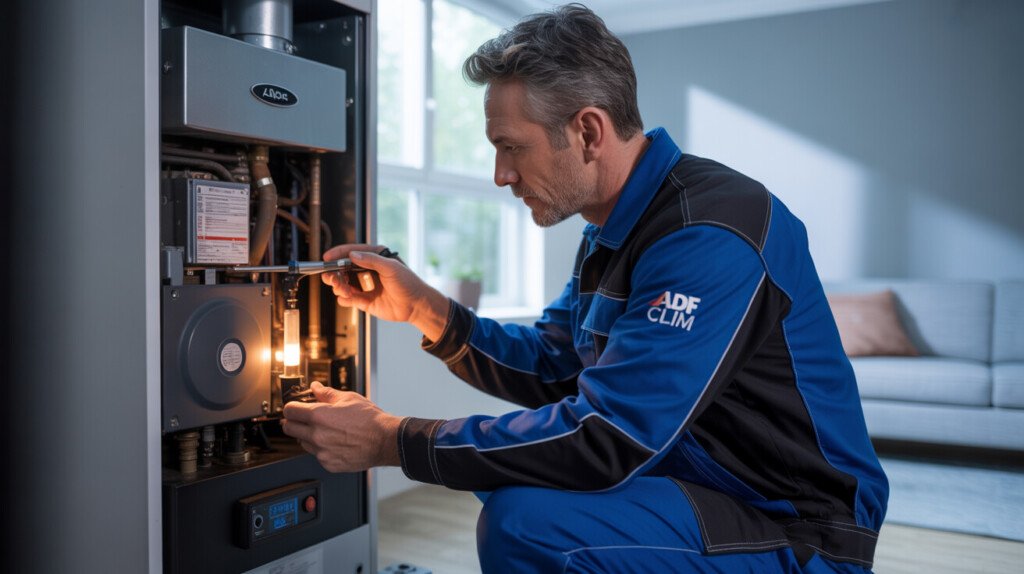 Un technicien professionnel en uniforme bleu foncé et noir réalise l'entretien chaudière gaz dans un intérieur résidentiel moderne.
