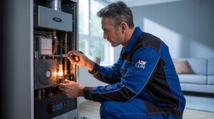 Un technicien professionnel en uniforme bleu foncé et noir réalise l'entretien chaudière gaz dans un intérieur résidentiel moderne.