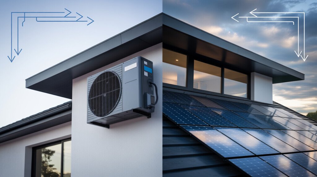 Climatisation réversible et panneaux solaires côte à côte pour chauffage maison
