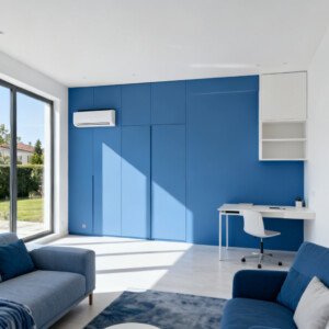Climatisation multi split dans une maison moderne aux nuances bleu et blanc